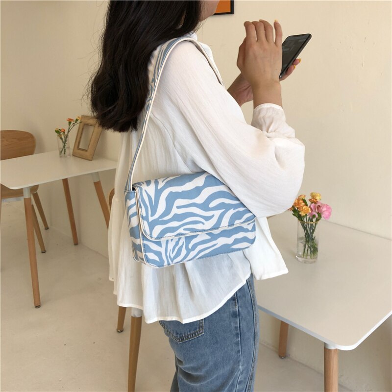Vintage Design Women Canvas Baguette Handbags Blue Zebra Pattern Ladies Shoulder Bags Fashion Female Small Tote Clutch Purse