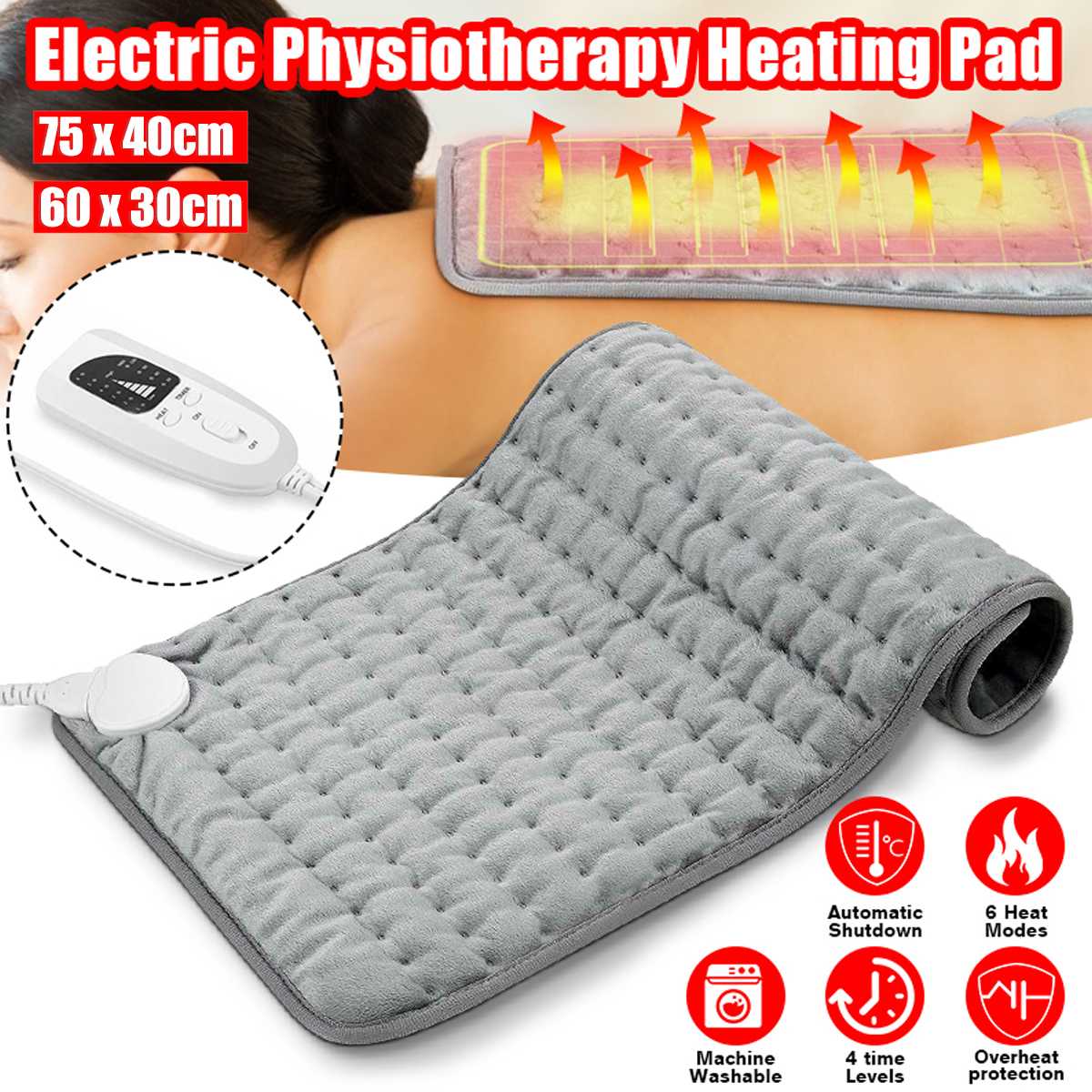 6 Level 120W Electric Heating Pad Timer For Shoulder Neck Back Spine Leg Pain Relief Winter Warmer 75x40cm 60x30cm EU/US/UK/AU
