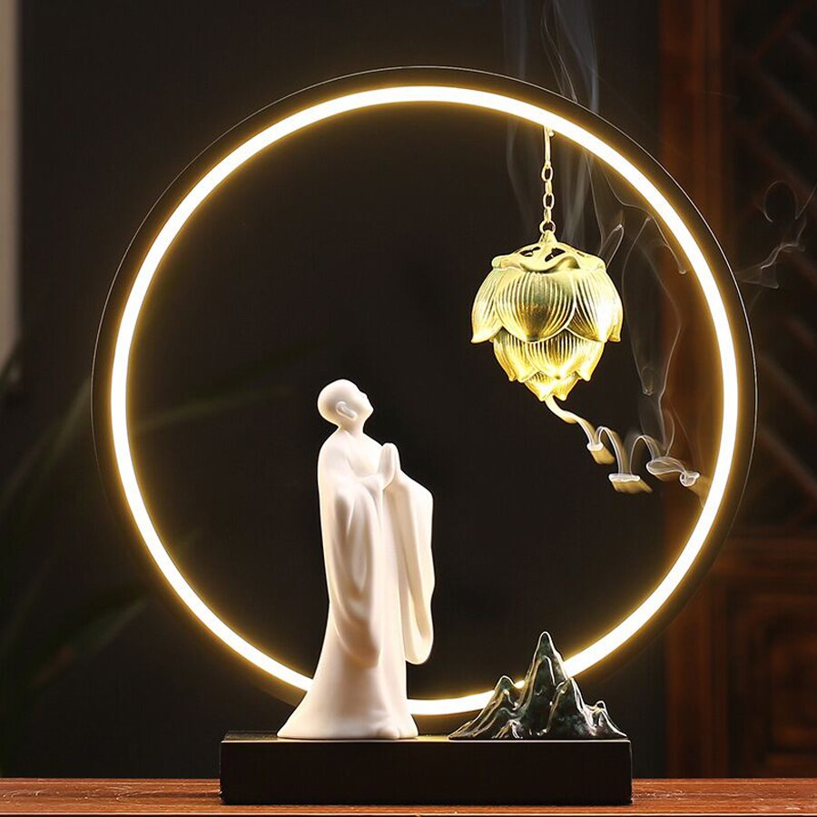 Cultural Elegant Creative Backflow Incense Burner Lotus Pond Moonlight Ceramic Incense Holder The Little Monk Burner