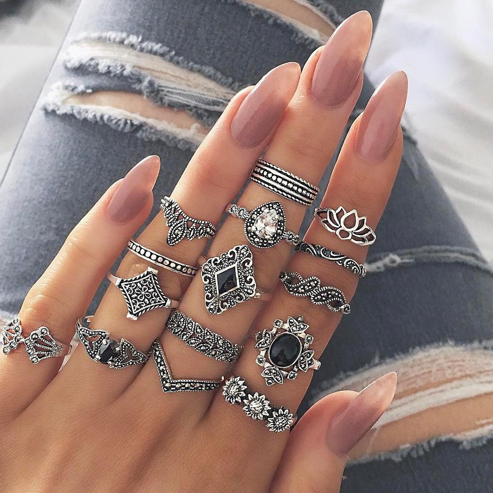 15 piece set boho Vintage Gold Star Midi Moon Rings Set For Women Opal Crystal Midi Finger Ring 2020 Female Jewelry Gifts