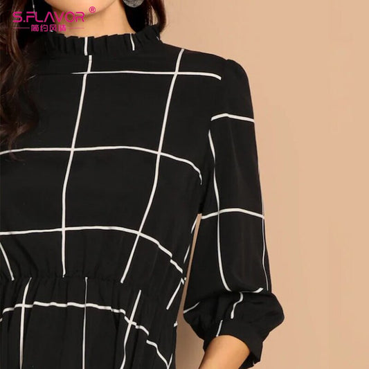 S.FLAVOR Stand Collar Simple Plaid Dress 2020 Autumn Winter Elegant Women 3/4 Sleeve Knee Length Dress Casual A Line Dress