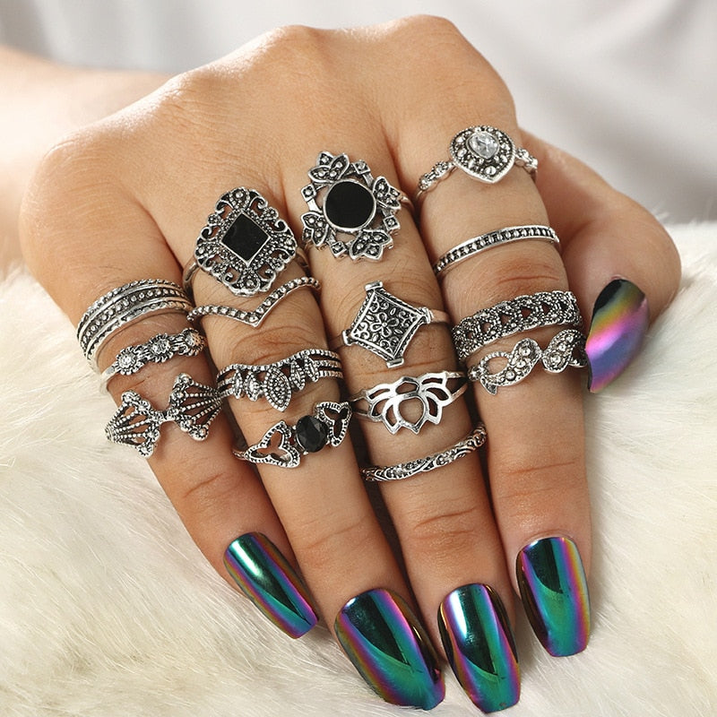 15 piece set boho Vintage Gold Star Midi Moon Rings Set For Women Opal Crystal Midi Finger Ring 2020 Female  Jewelry Gifts