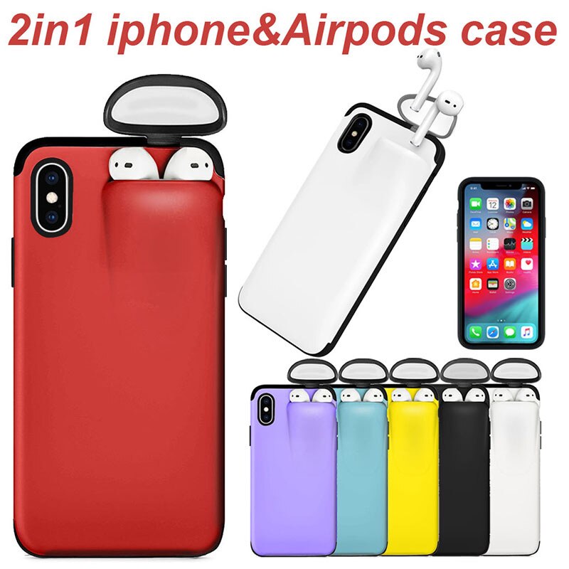 2 In 1 Headset Caps Phone Case Earphone Storage Box For iPhone 11Pro XS MAX XR X 7 8 6 6S Plus Shockproof Solid Color back Cover