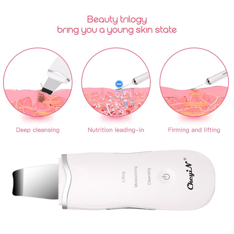 Ultrasonic Skin Scrubber Skin Peeling Extractor Facial Deep Cleaning Beauty Device + Skin Rejuvenation Nano Face Mist Steamer 40