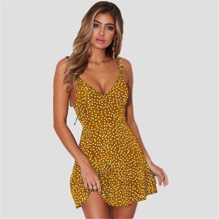 2020 Summer Dress Sexy Spaghetti Strap Dot Print Backless Dress Above Knee Mini Ladies Beach Dress Maxi Vestidos Short Dress