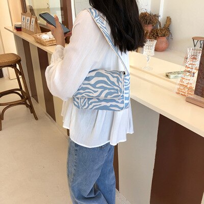 Vintage Design Women Canvas Baguette Handbags Blue Zebra Pattern Ladies Shoulder Bags Fashion Female Small Tote Clutch Purse