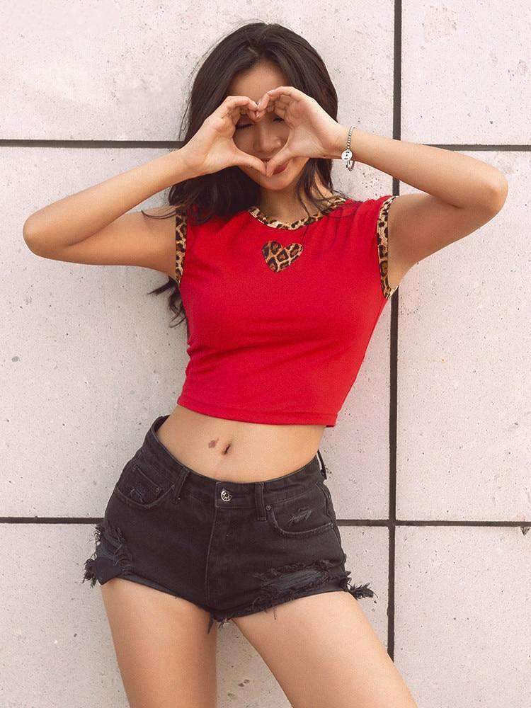 CHICKA Leopard Heart Crop Top