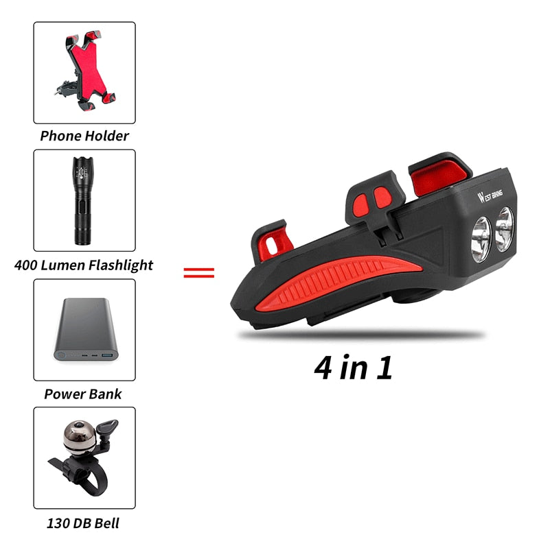 WEST BIKING 400 lumen Multifunction Bike Light With Phone Holder Bicycle Highlight 2000/4000mAh Power Bank Cycling Flashlight