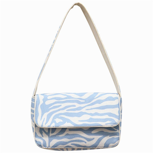 Vintage Design Women Canvas Baguette Handbags Blue Zebra Pattern Ladies Shoulder Bags Fashion Female Small Tote Clutch Purse