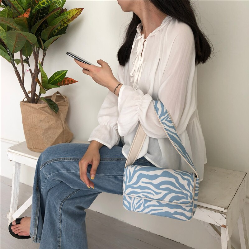 Vintage Design Women Canvas Baguette Handbags Blue Zebra Pattern Ladies Shoulder Bags Fashion Female Small Tote Clutch Purse