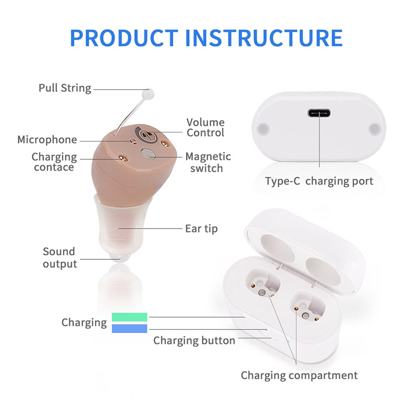 C400 Digital Hearing Aid USB Tpye C Rechargeable Mini In Ear Invisible Hearing Aids Assistant Adjustable Tone Sound Amplifier