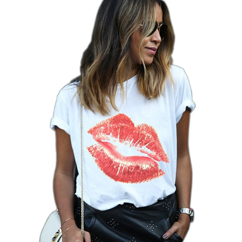 Short Sleeve Crew Neck Lips Eyelashes Printed Tees