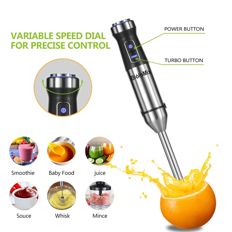 4-in-1 Stainless Steel 1100W Immersion Hand Stick Blender Mixer Vegetable Meat Grinder 500ml Chopper Whisk 800ml Smoothie Cup