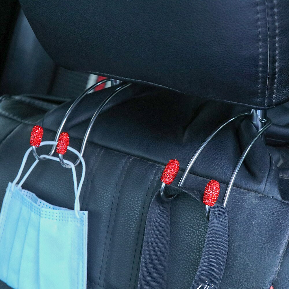 2 Pack Universal Seat Back Organizers Bling Diamond Car Headrest Bag Hangers Strong Durable Auto Back Seat Storage Hooks