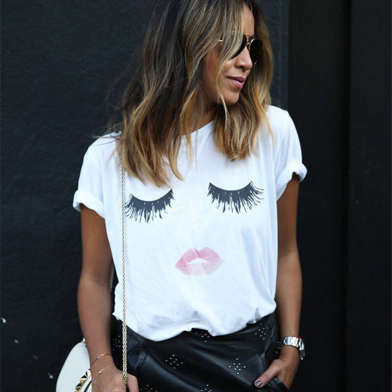 Short Sleeve Crew Neck Lips Eyelashes Printed Tees