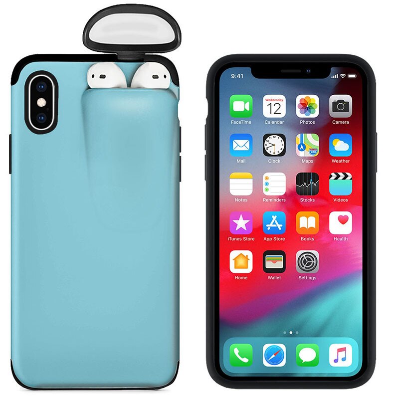 2 In 1 Headset Caps Phone Case Earphone Storage Box For iPhone 11Pro XS MAX XR X 7 8 6 6S Plus Shockproof Solid Color back Cover