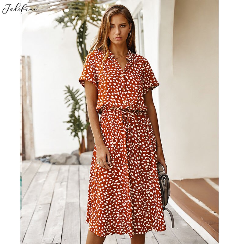 C Print Short Sleeve Sashes A line Party Dresses Summer 2020 Fashion Boho Beach Holiday V-neck Vestidos