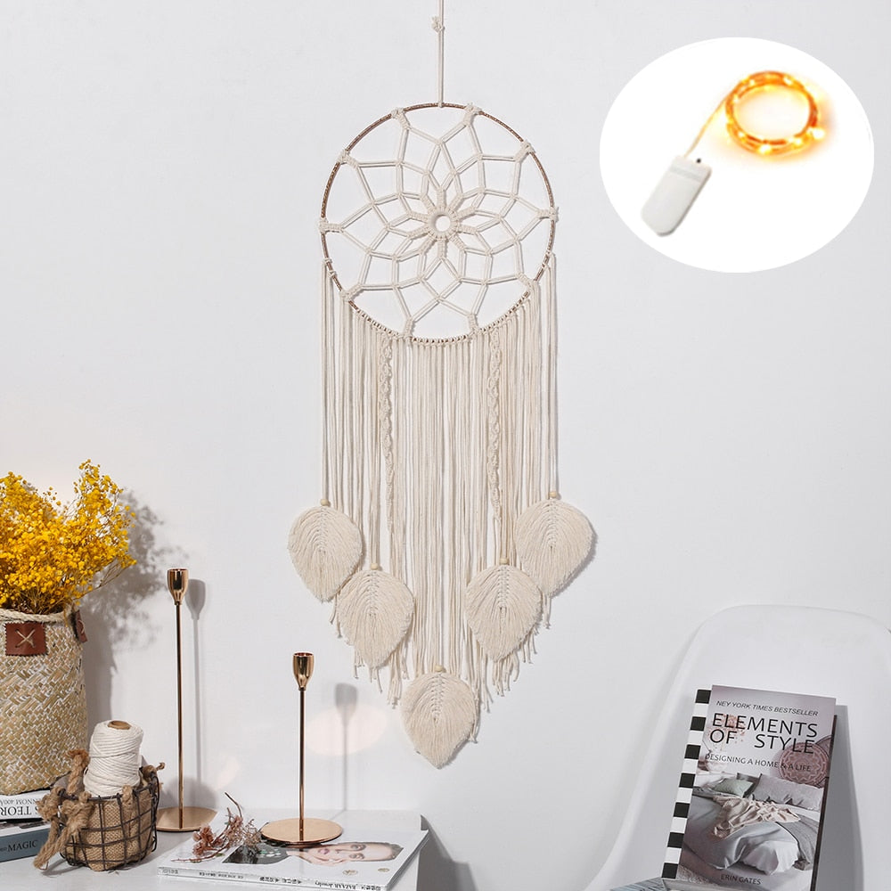 Star Moon Macrame Dream Catcher Boho Home Wall Decor Girls Kids Nursery Garden Decoration Outdoor Gifts With Light