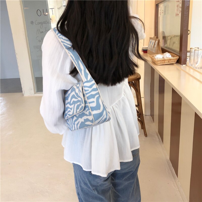 Vintage Design Women Canvas Baguette Handbags Blue Zebra Pattern Ladies Shoulder Bags Fashion Female Small Tote Clutch Purse