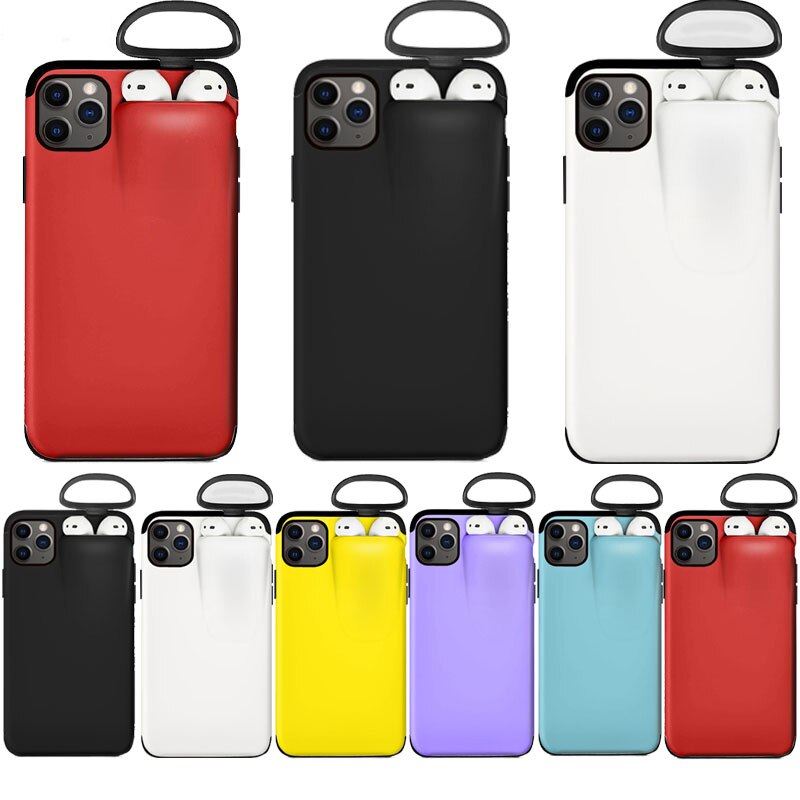 2 In 1 Headset Caps Phone Case Earphone Storage Box For iPhone 11Pro XS MAX XR X 7 8 6 6S Plus Shockproof Solid Color back Cover