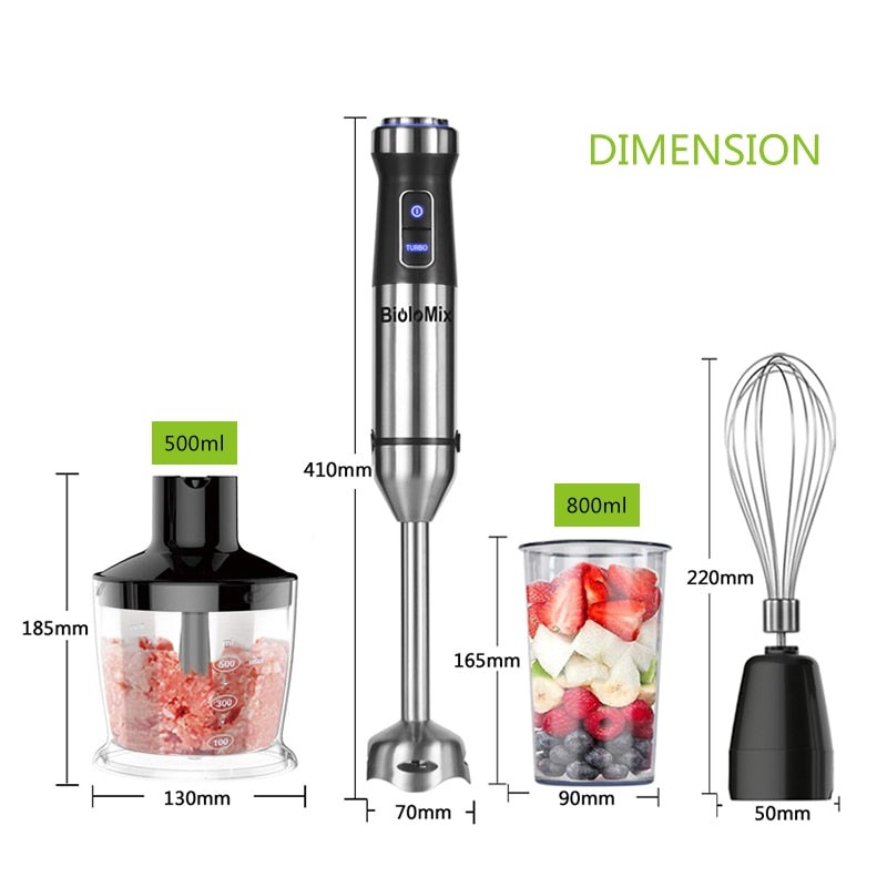 4-in-1 Stainless Steel 1100W Immersion Hand Stick Blender Mixer Vegetable Meat Grinder 500ml Chopper Whisk 800ml Smoothie Cup
