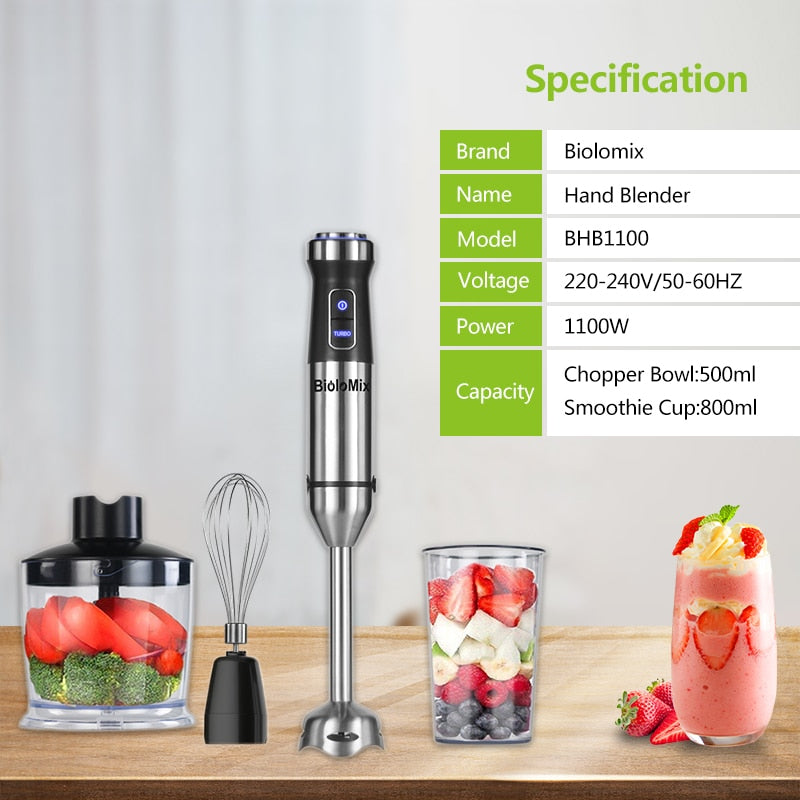 4-in-1 Stainless Steel 1100W Immersion Hand Stick Blender Mixer Vegetable Meat Grinder 500ml Chopper Whisk 800ml Smoothie Cup