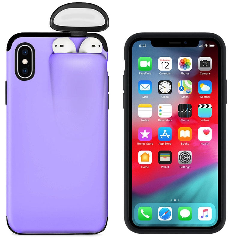 2 In 1 Headset Caps Phone Case Earphone Storage Box For iPhone 11Pro XS MAX XR X 7 8 6 6S Plus Shockproof Solid Color back Cover