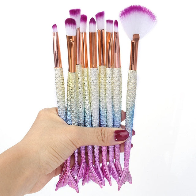 10pcs/lot  Makeup Brushes Tool Cosmetics Kit High Quality Set Of Brush Mermaid Highlighter Foundation Face Eyeshadow Lip Artist
