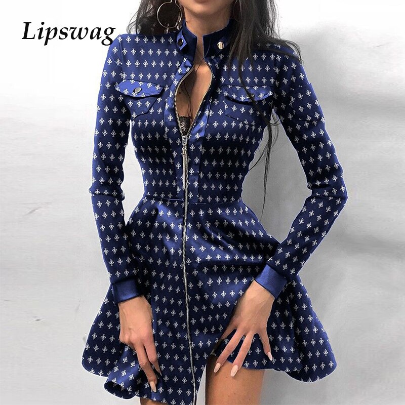 Women Elegant A-Line Dress Fashion PU Leather Stand Collar Party Dress Female Autumn Wave Point Print Long Sleeve Mini Dress