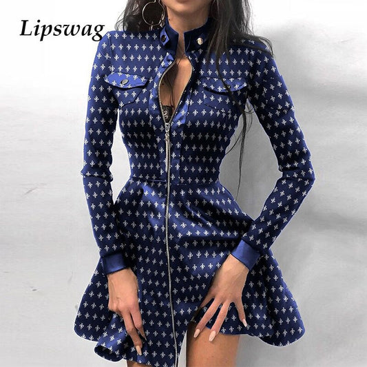 Women Elegant A-Line Dress Fashion PU Leather Stand Collar Party Dress Female Autumn Wave Point Print Long Sleeve Mini Dress