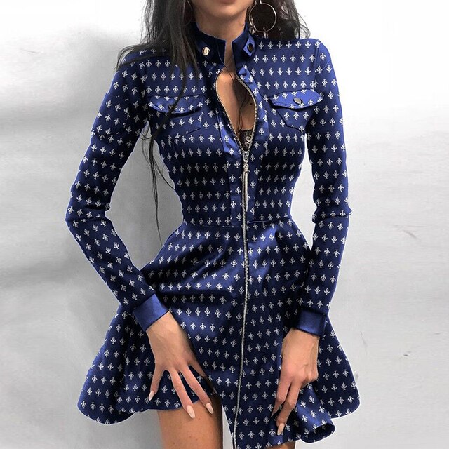 Women Elegant A-Line Dress Fashion PU Leather Stand Collar Party Dress Female Autumn Wave Point Print Long Sleeve Mini Dress