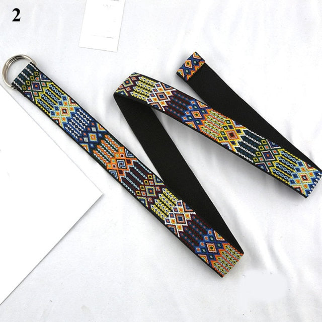 Bohemian Print Canvas Belt For Women Metal D Ring Buckle Harajuku Waist Strap Jean Dress Trouser Female Men Decoration Waistband