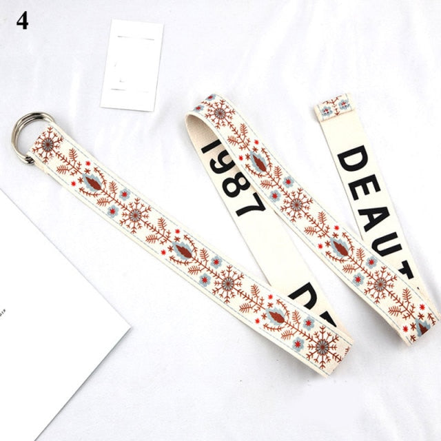 Bohemian Print Canvas Belt For Women Metal D Ring Buckle Harajuku Waist Strap Jean Dress Trouser Female Men Decoration Waistband