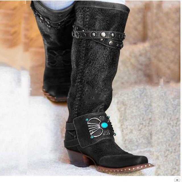 Woman Vintage Fashion Women Knee High Boots Leather Riding Boots Medieval Cowgirl Boots Autumn Winter Ladies Flat Boots