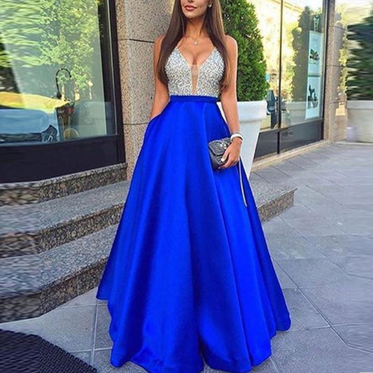 Sequined splice long Party Dresses Women  Elegant Wedding Bridesmaid Blue Chiffon Dinner DressSleeveless V-neck A-line sundress