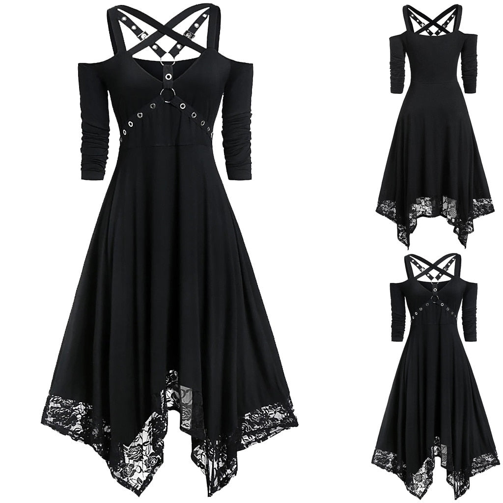 Women Halloween Open Shoulder Lace Half Sleeve Gothic Female Fashion Clothes Party Dress Vestido Invierno Mujer Gothic Dress