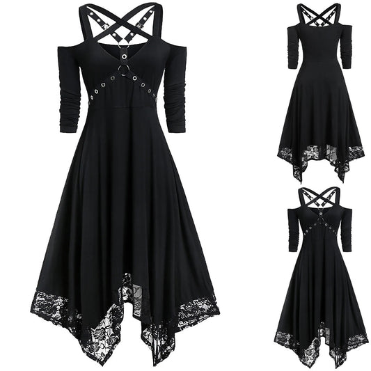 Women Halloween Open Shoulder Lace Half Sleeve Gothic Female Fashion Clothes Party Dress Vestido Invierno Mujer Gothic Dress
