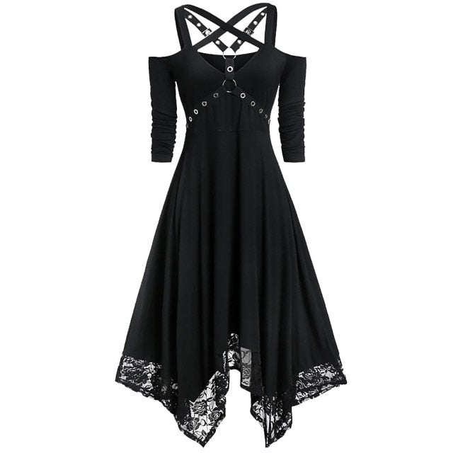 Women Halloween Open Shoulder Lace Half Sleeve Gothic Female Fashion Clothes Party Dress Vestido Invierno Mujer Gothic Dress