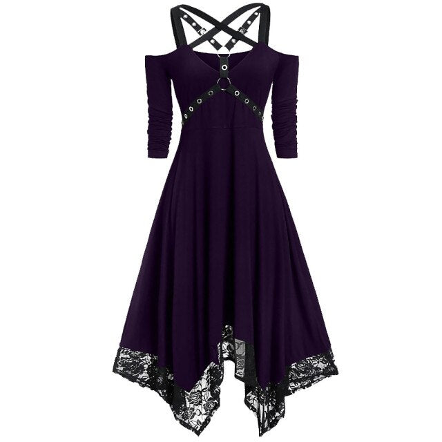 Women Halloween Open Shoulder Lace Half Sleeve Gothic Female Fashion Clothes Party Dress Vestido Invierno Mujer Gothic Dress