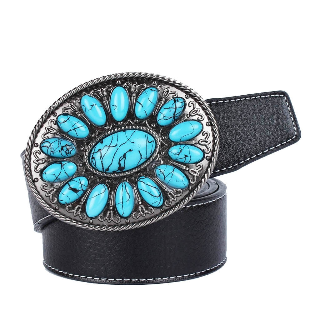 Black Brown Leather Western Belt Boho Cowboy Western Buckle Women Men Jeans