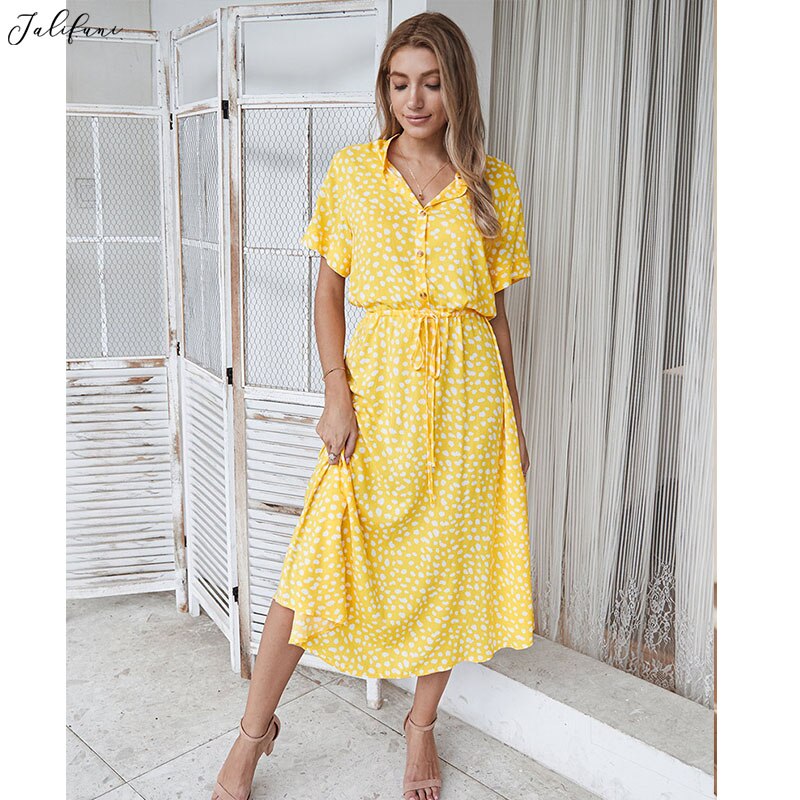 C Print Short Sleeve Sashes A line Party Dresses Summer 2020 Fashion Boho Beach Holiday V-neck Vestidos