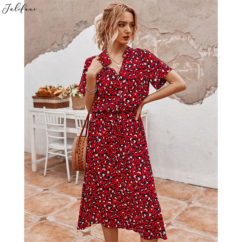 C Print Short Sleeve Sashes A line Party Dresses Summer 2020 Fashion Boho Beach Holiday V-neck Vestidos