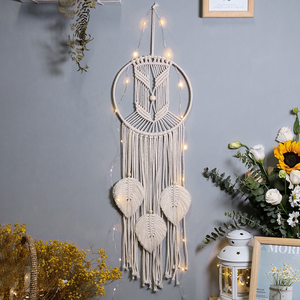 Star Moon Macrame Dream Catcher Boho Home Wall Decor Girls Kids Nursery Garden Decoration Outdoor Gifts With Light