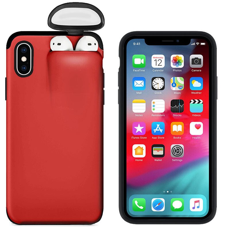 2 In 1 Headset Caps Phone Case Earphone Storage Box For iPhone 11Pro XS MAX XR X 7 8 6 6S Plus Shockproof Solid Color back Cover