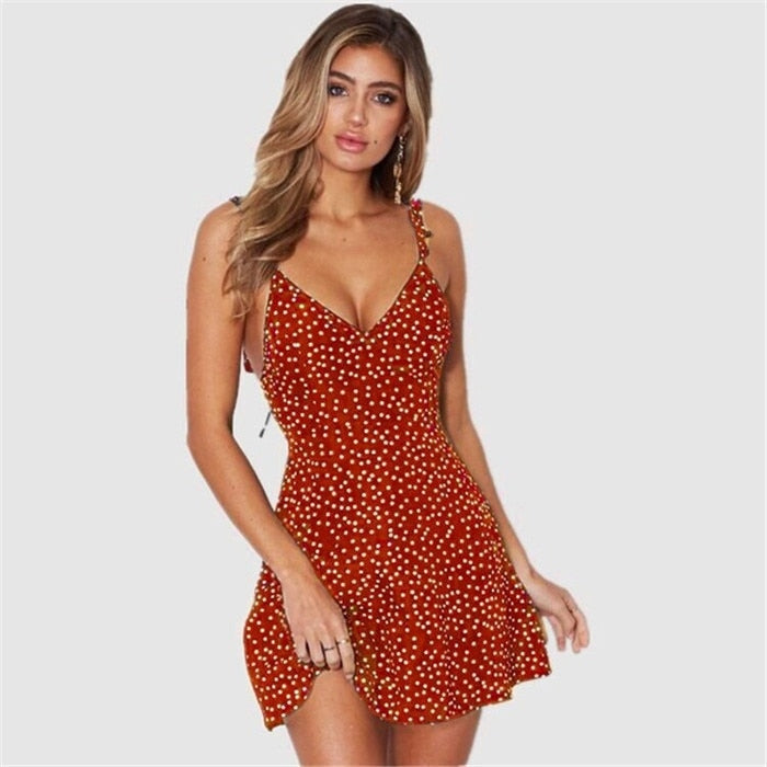 2020 Summer Dress Sexy Spaghetti Strap Dot Print Backless Dress Above Knee Mini Ladies Beach Dress Maxi Vestidos Short Dress